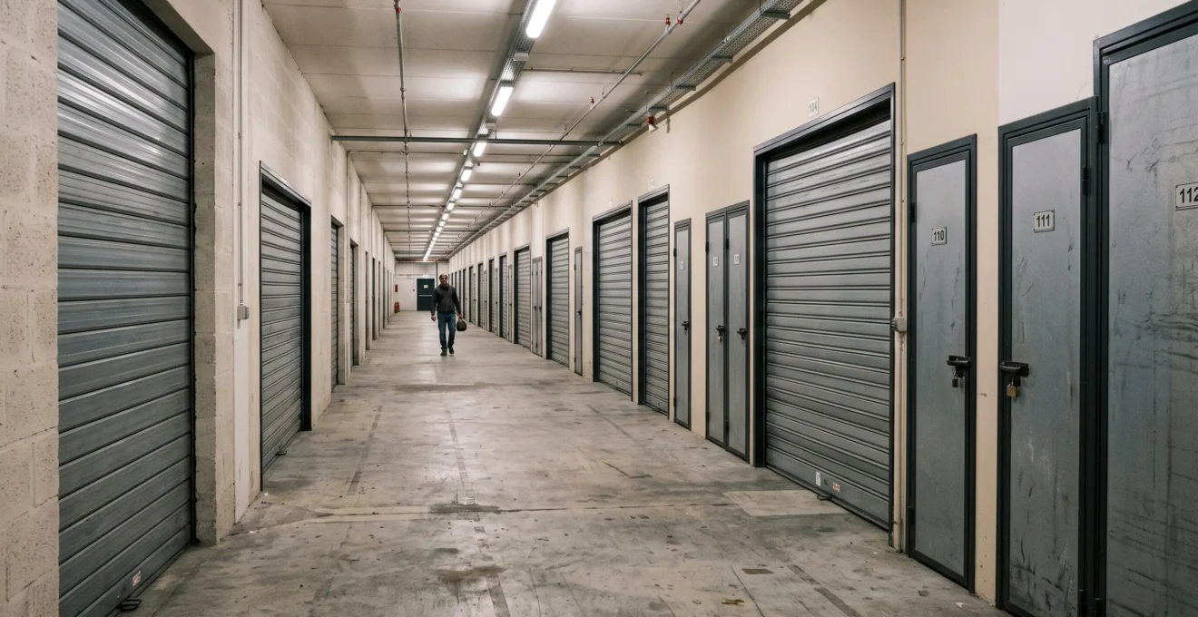Couloir de centre de self-stockage montrant des portes de boxes de différentes tailles