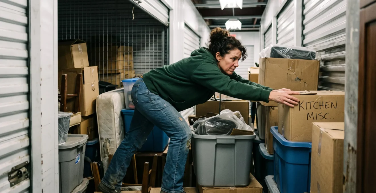Personne penchée essayant d'atteindre un objet au fond d'un box de stockage surchargé