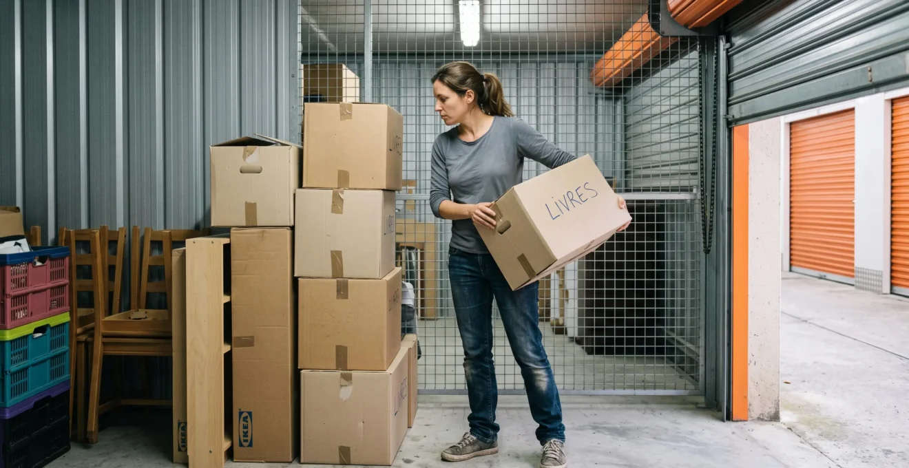 Personne debout organisant des cartons et meubles dans un box de self-stockage