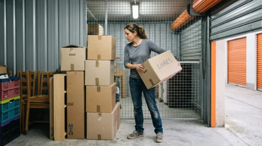 Personne debout organisant des cartons et meubles dans un box de self-stockage