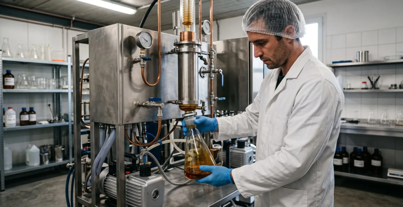 Ouvrier en blouse blanche manipulant un récipient d'extrait de résine de CBD près d'une machine d'extraction dans un atelier.