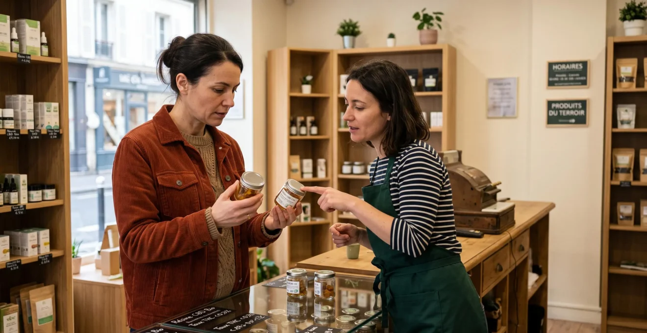 Cliente comparant deux bocaux de résine de CBD avec l'aide d'un vendeur dans une boutique française.