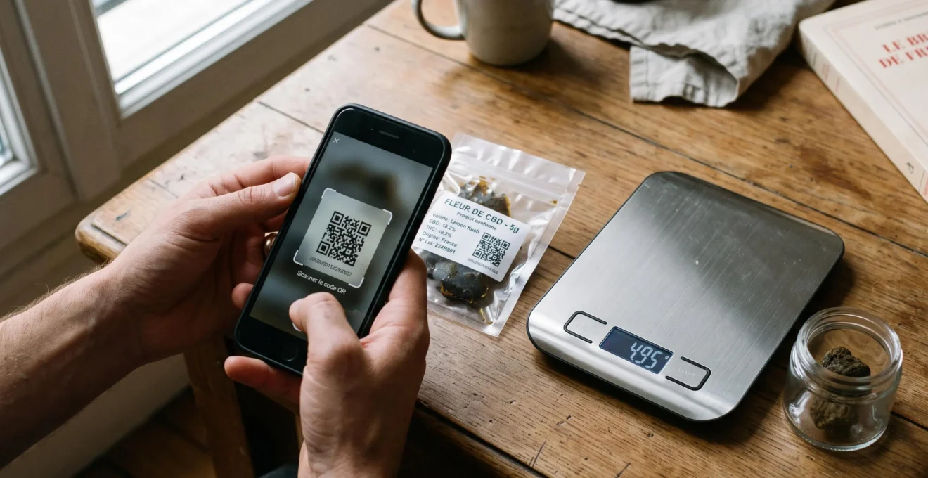 Main scannant un QR code sur un paquet de résine de CBD posé à côté d'une balance de cuisine affichant un poids en grammes.