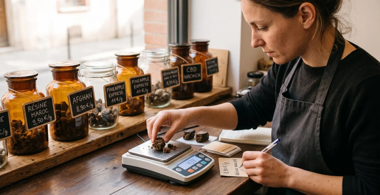 Vendeur pesant une résine de CBD sur une balance de précision dans une boutique, des bocaux de résines alignés derrière le comptoir.
