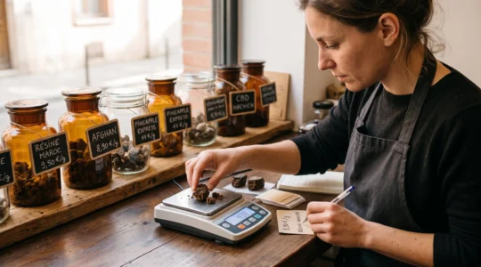 Vendeur pesant une résine de CBD sur une balance de précision dans une boutique, des bocaux de résines alignés derrière le comptoir.